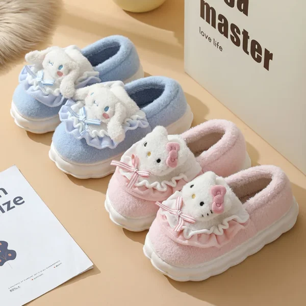 Sweet Cotton Shoes Women Winter Home Thick Sole Cartoon Non-slip Slippers Indoor Comfortable Kuromi Hello Kitty